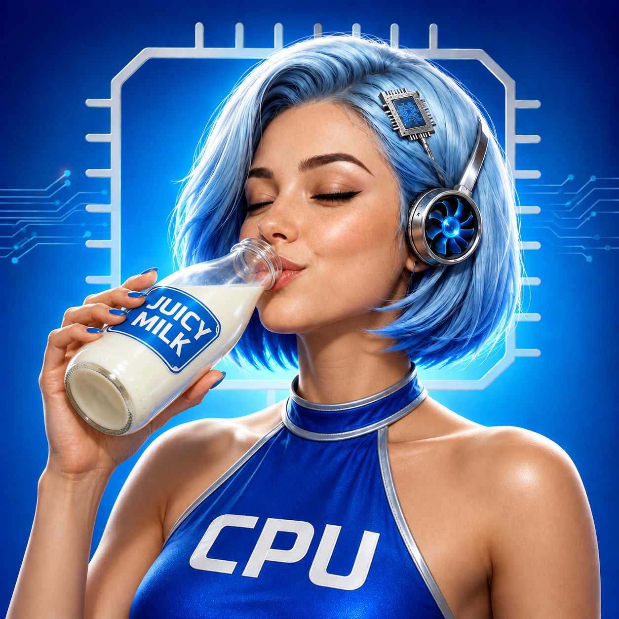 Blue-haired adult CPU mascot happily drinking a bottle of Juicy Milk